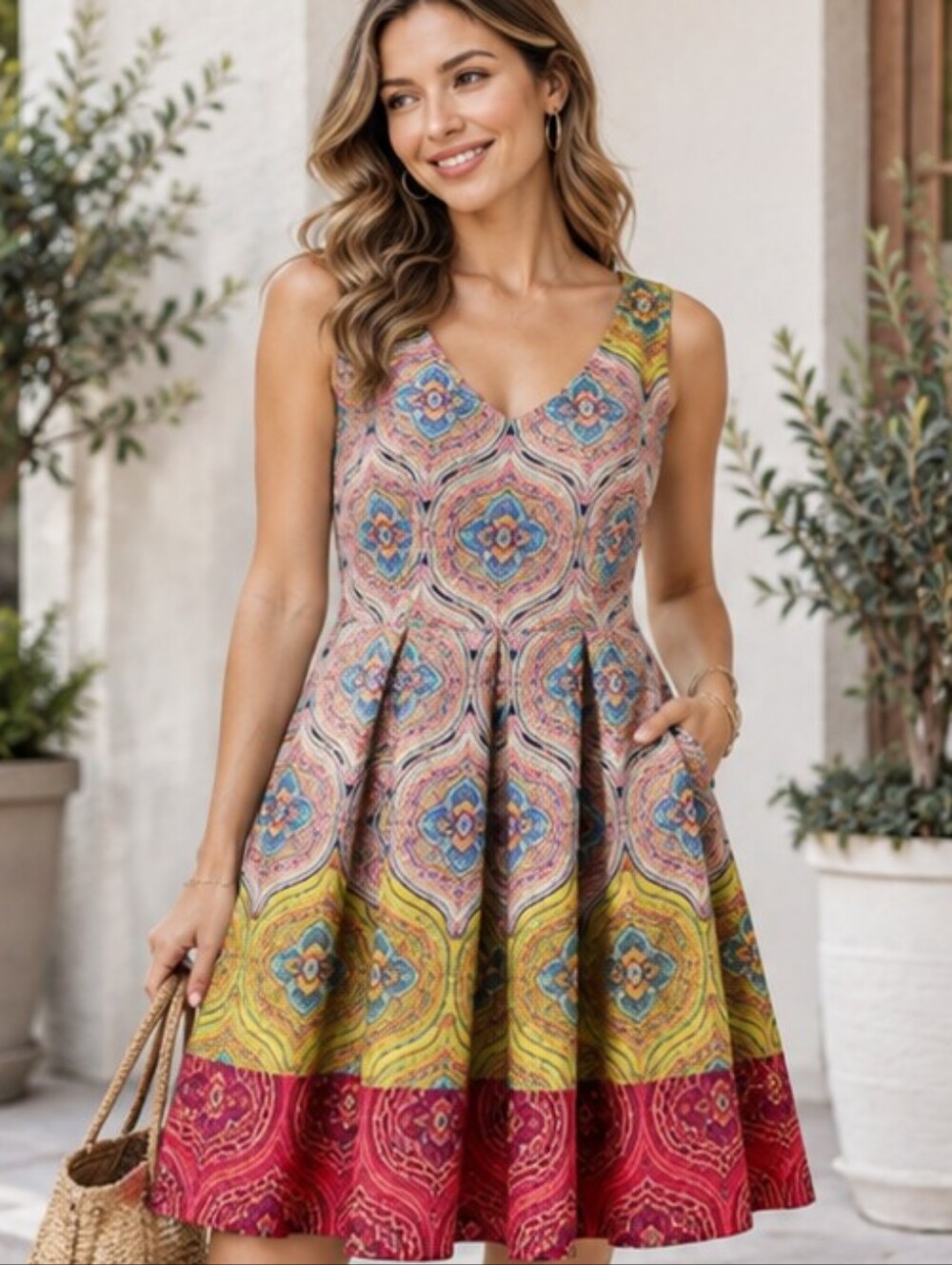 London Times Sleeveless Fit & Flare Dress Size 6 Colorful Medallion Print